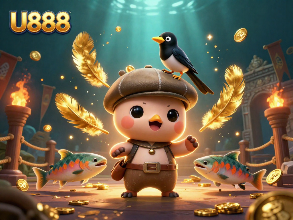 Experience thrilling fun at U888 with adorable characters and vibrant casino elements in an underwater scene.
