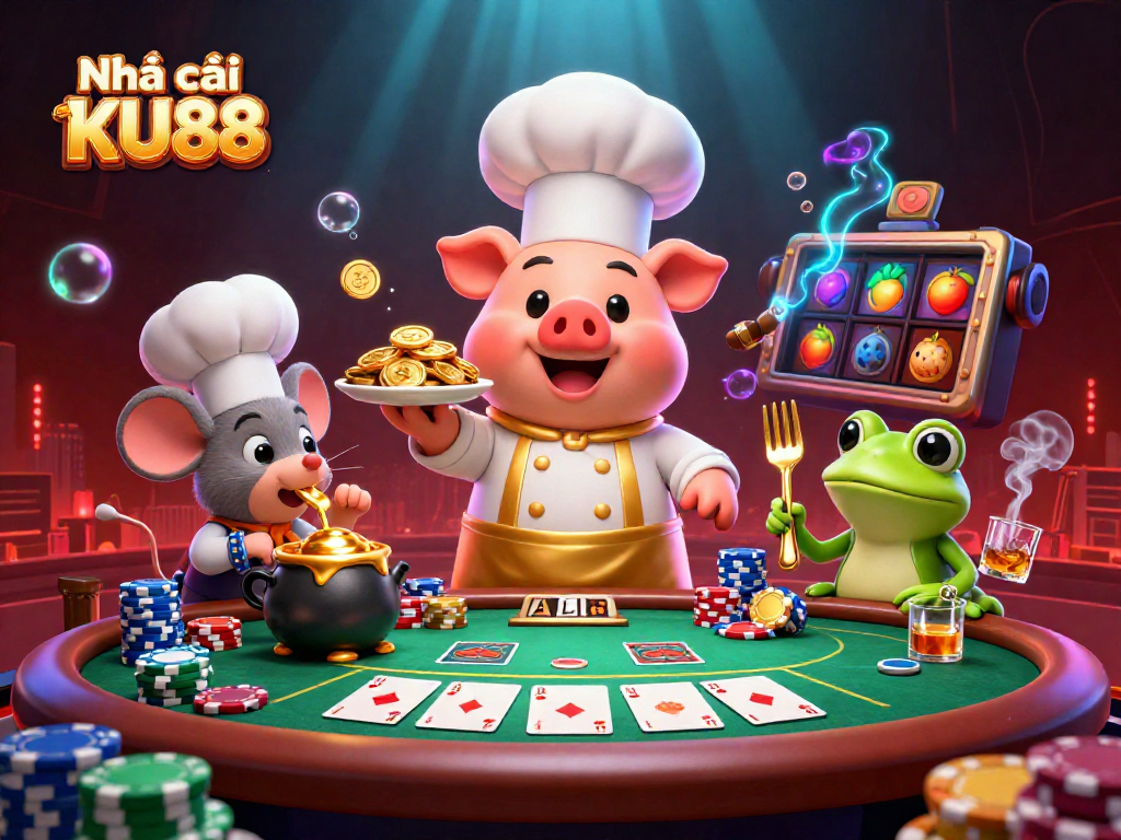 Experience the vibrant energy of Nhà cái KU88 with gold coins, poker elements, and player excitement.