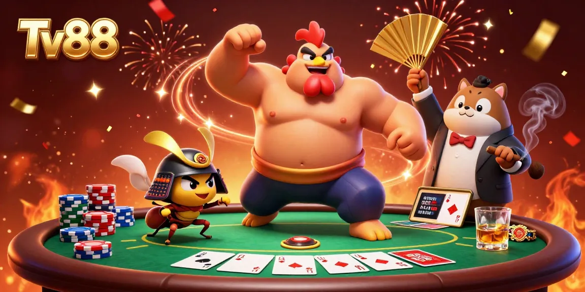 Experience thrilling games at Tv88 with powerful characters enjoying poker and excitement.