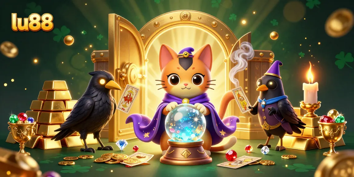 Experience the excitement of lu88 with a vibrant 3D display of a mystic cat, tarot raven, and illuminated treasures.
