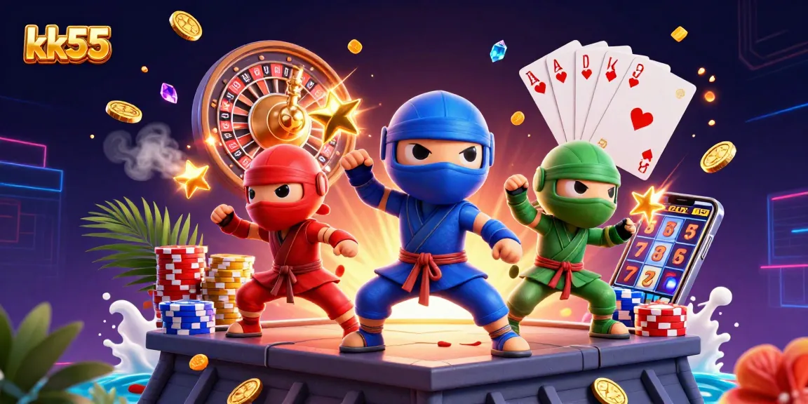 kk55 casino experience with cartoon ninja chameleons, showcasing dynamic gaming elements and vibrant colors.