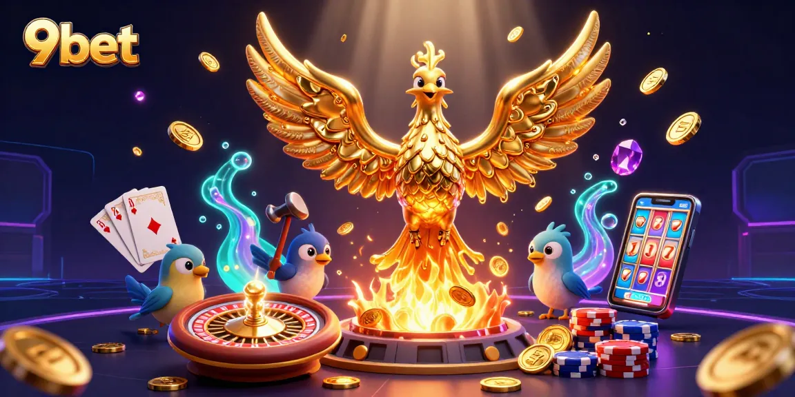 Spin the reels at 9bet with a golden phoenix and vibrant casino elements in a captivating 3D illustration.