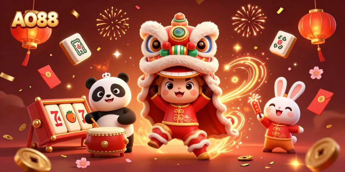 Experience the vibrant world of AO88 with a lively lion dance and thrilling gaming elements.