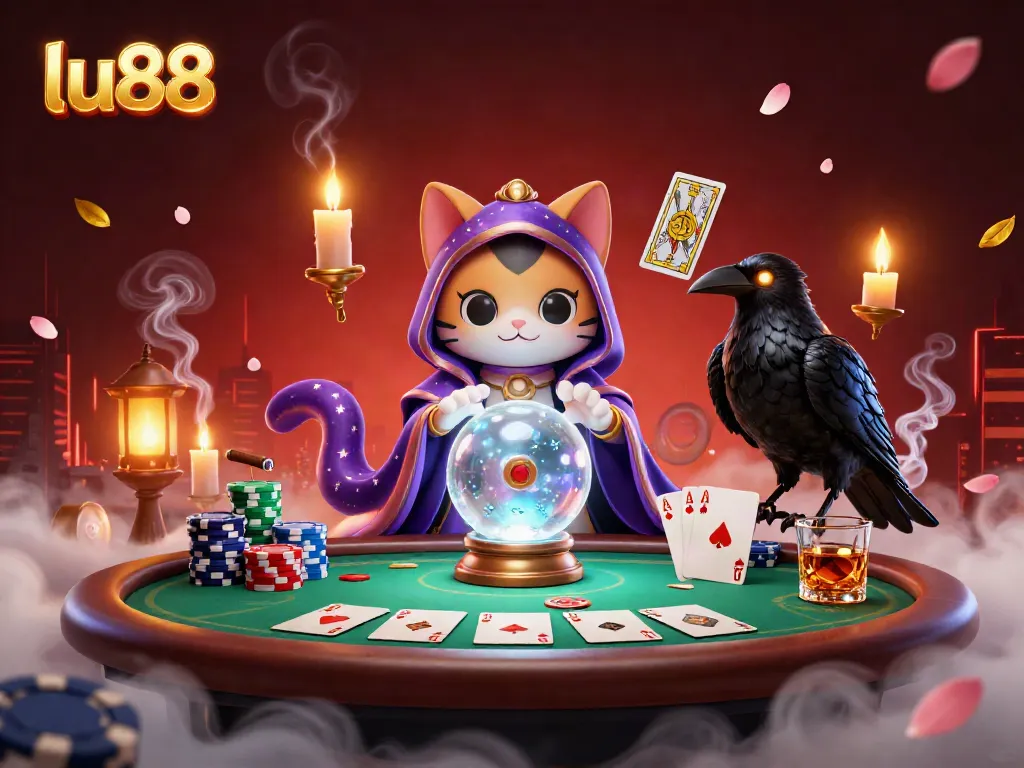Experience the magic of lu88 with a mystical cat and raven at a poker table surrounded by vibrant game elements.
