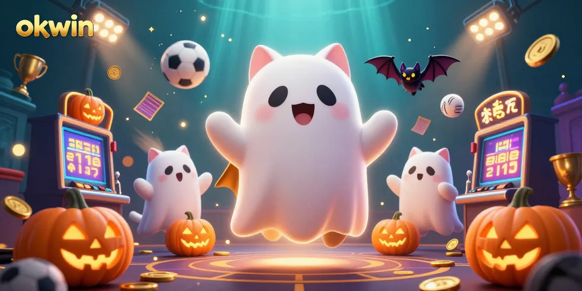 Spin and win at okwin with a floating ghost cat and glowing pumpkins in a vibrant casino scene.