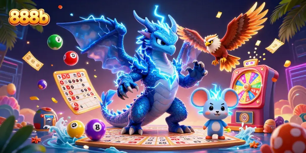 Engage with the exciting world of 888b, featuring dynamic casino elements and vibrant characters.