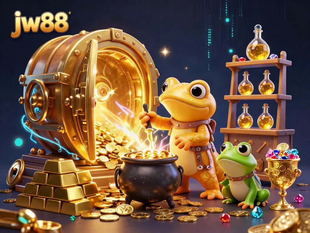 Experience thrilling gameplay at jw88 with a lively scene of magical alchemy turning base metals into valuable gold coins.