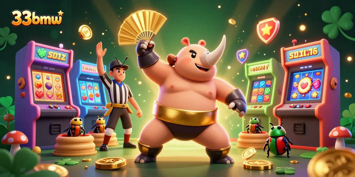 Experience the excitement of 33bmw, featuring a vibrant scene with a sumo champion and slot games.