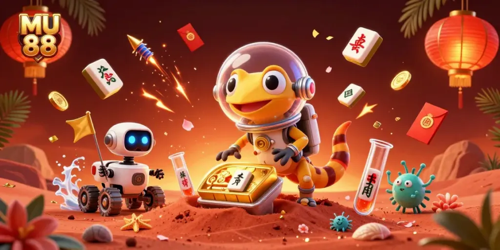 Engage in thrilling gameplay at MU 88, featuring an adventurous Martian gecko and vibrant casino elements.