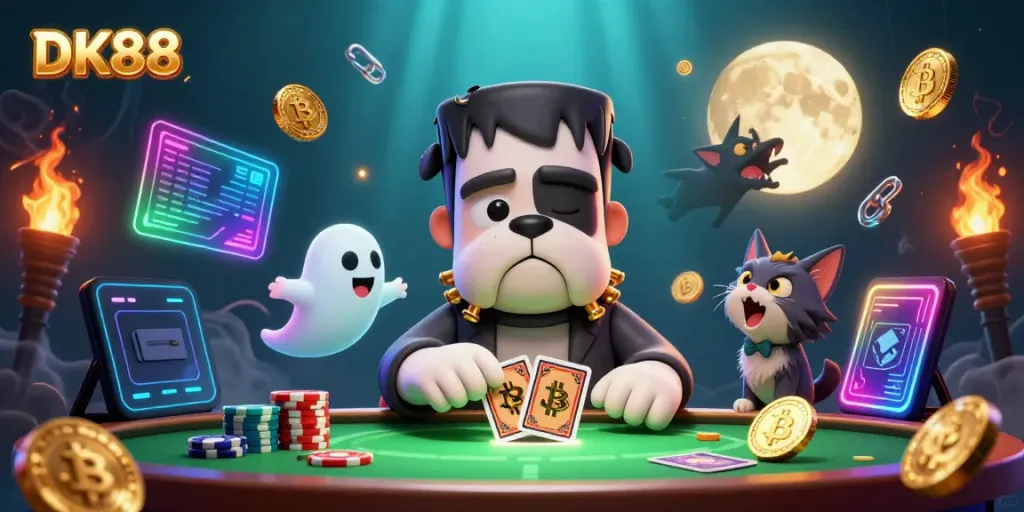 DK88 showcases a vibrant casino scene with a cartoon bulldog monster, cards, and crypto elements in action.