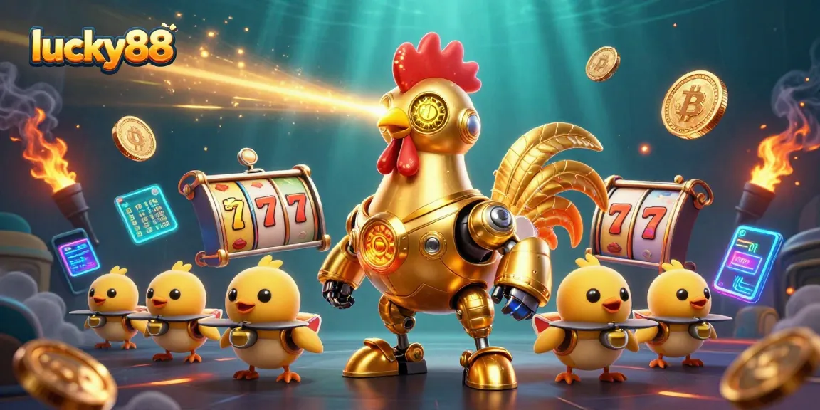 Experience excitement with lucky88's dynamic slot scene featuring a golden rooster and drones.