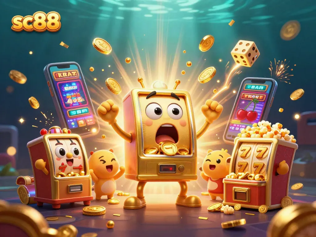 Win big with sc88 as a golden slot machine hits a jackpot amid vibrant casino chaos.