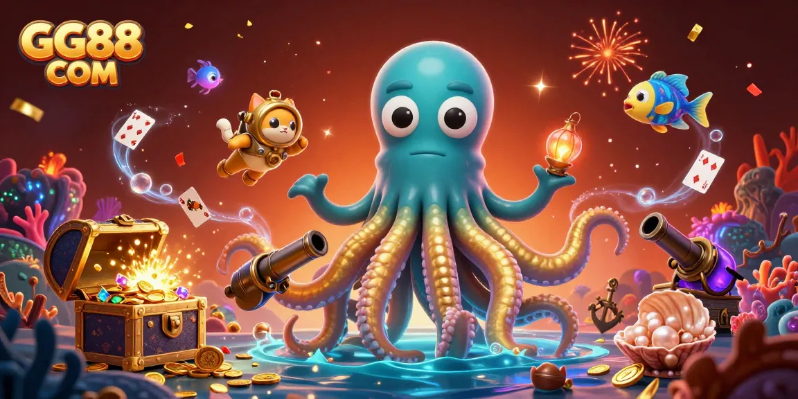 Experience the excitement of GG88 COM with a treasure-filled scene featuring a kraken, diving cat, and captivating game elements.
