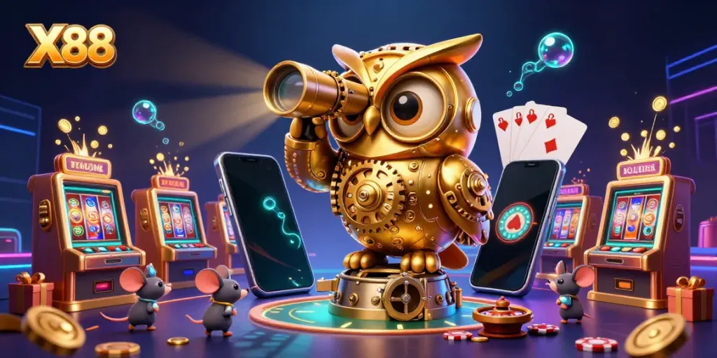 X88 captivates players with thrilling casino action, featuring a golden owl and colorful slot games.