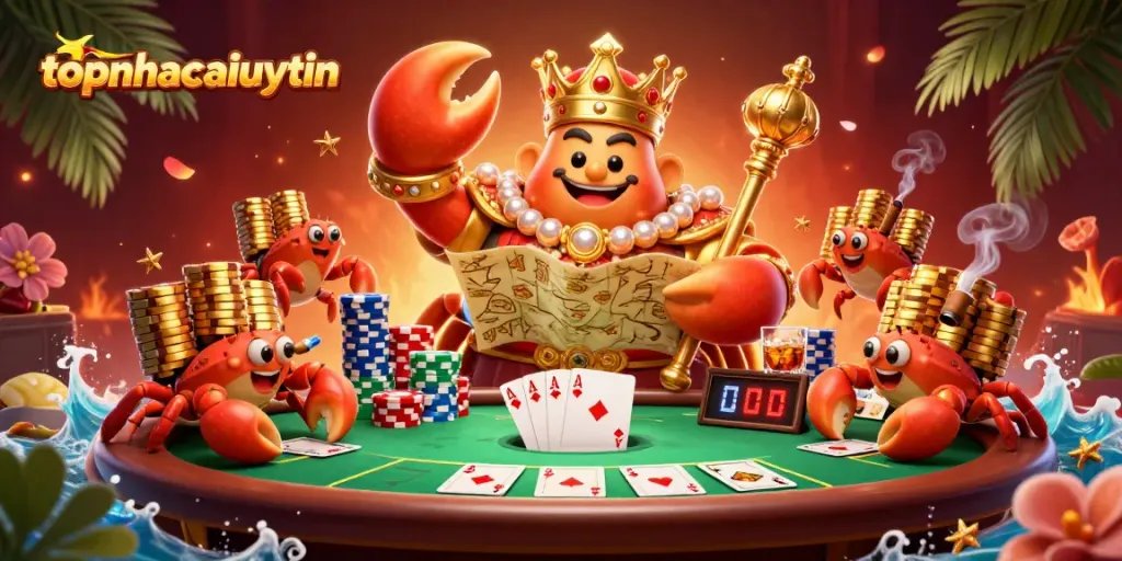 topnhacaiuytin engages players with a vibrant scene of a golden crab emperor at a lively poker table.
