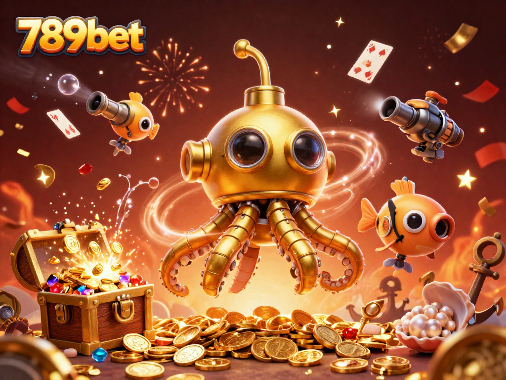 Experience thrilling moments with 789bet's mechanical sea creatures amidst gold coins and vibrant casino symbols