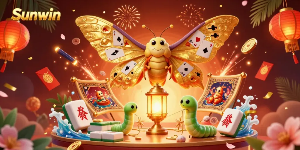 Engage with Sunwin’s vibrant 3D illustration featuring a golden moth and casino games elements.