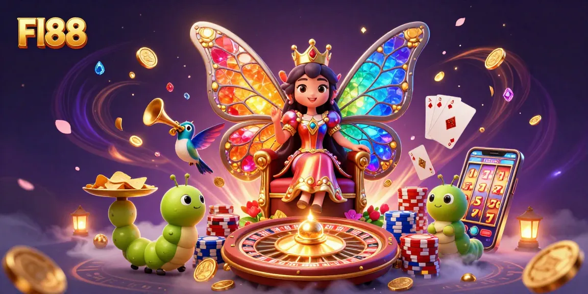 Experience thrilling casino excitement with Fl88's colorful butterfly queen in a vibrant 3D scene.