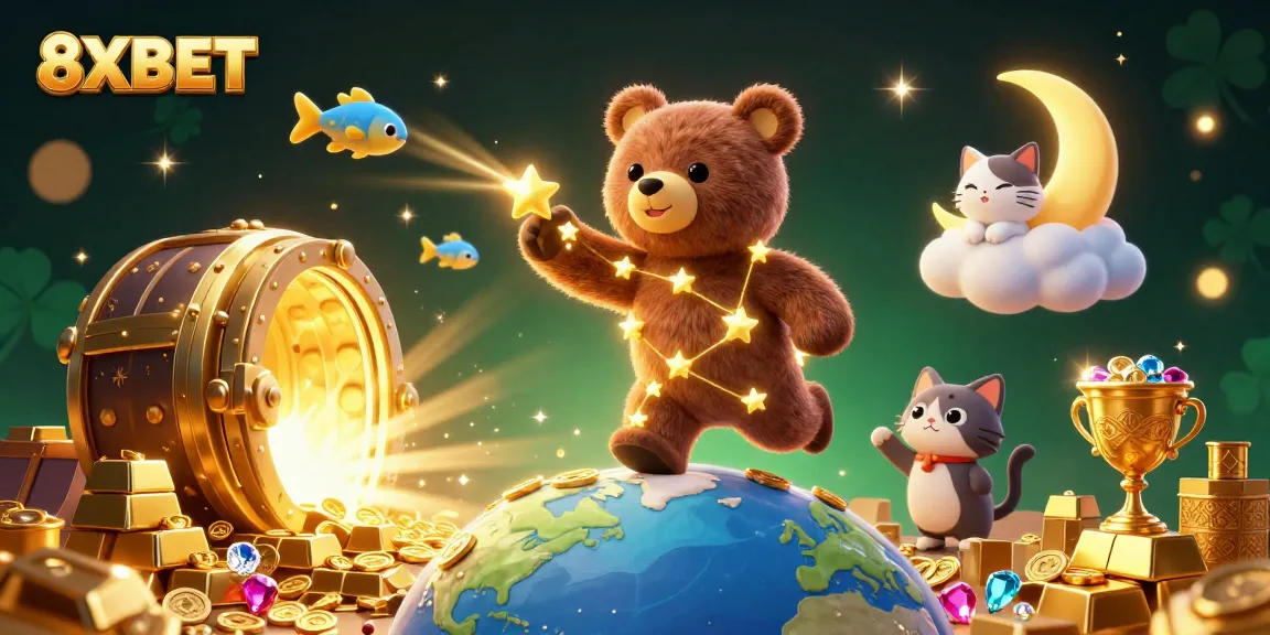 Join the excitement at 8XBET as the luminous constellation bear gathers coins amidst rich, vibrant casino elements.