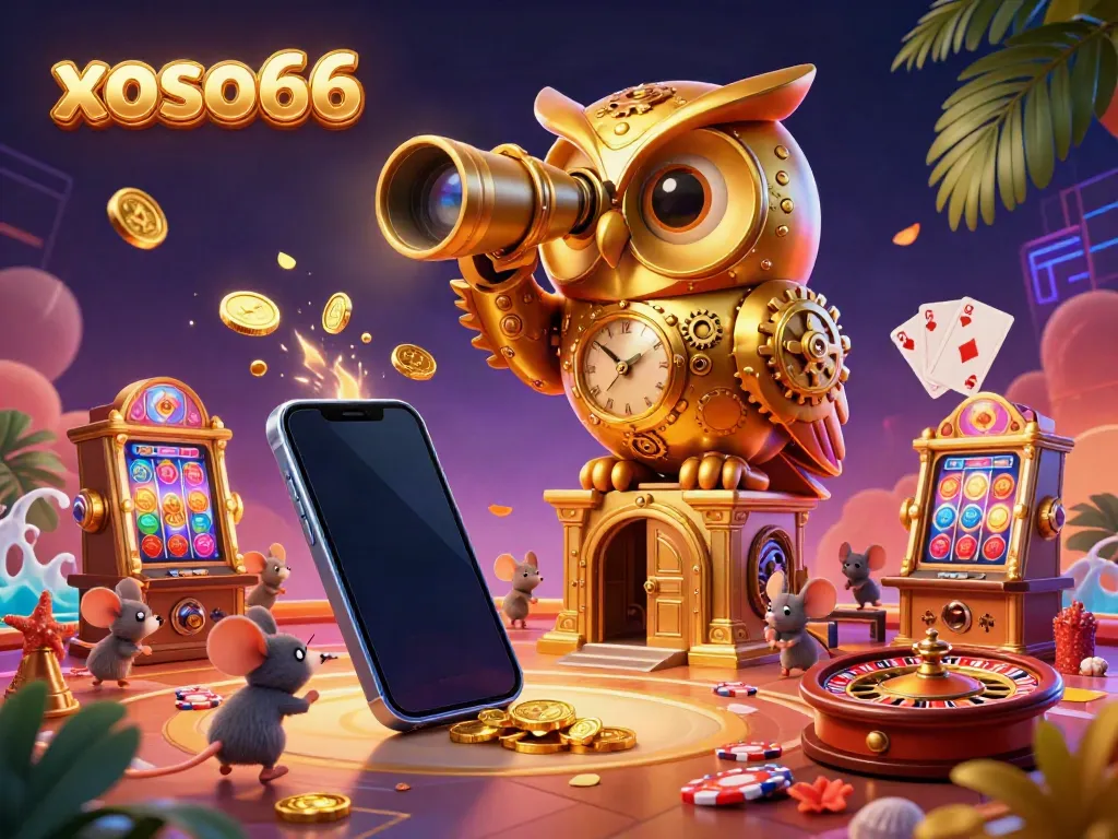 The xoso66 online casino scene with a golden owl and lively game elements brings excitement to gamblers.