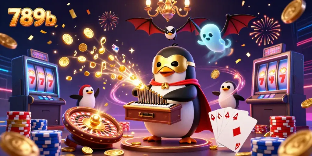 Win big with 789b in a vibrant casino scene featuring a penguin and treasures!