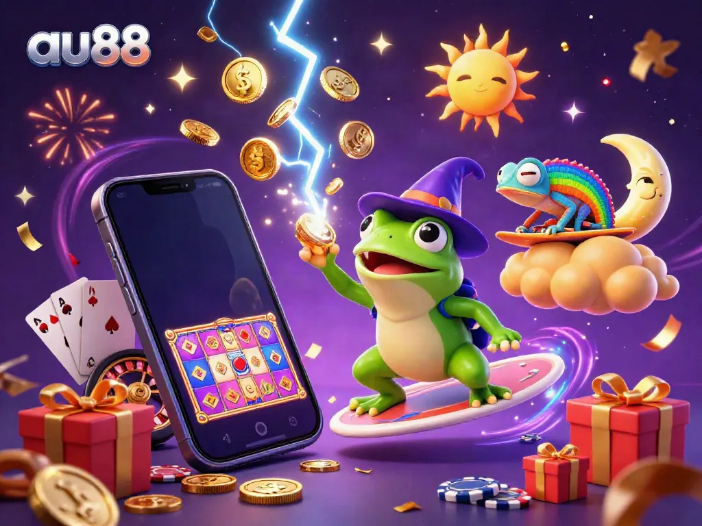 Experience the magic of au88 with a vibrant scene featuring a wizard frog amidst golden coins and vibrant games.