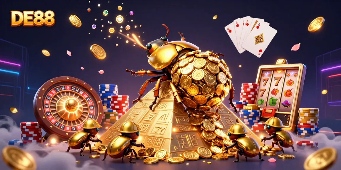 Experience DE88's vibrant casino scene with golden beetles, spinning roulette, and sparkling gems!