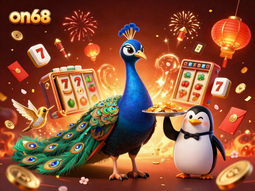 Win big at on68 with vibrant casino-themed illustration featuring a peacock, penguin, and hummingbird.