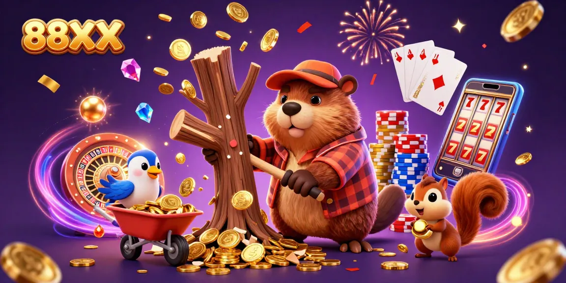 Win big with 88XX as a beaver chops a tree raining golden coins and celebrating casino riches.