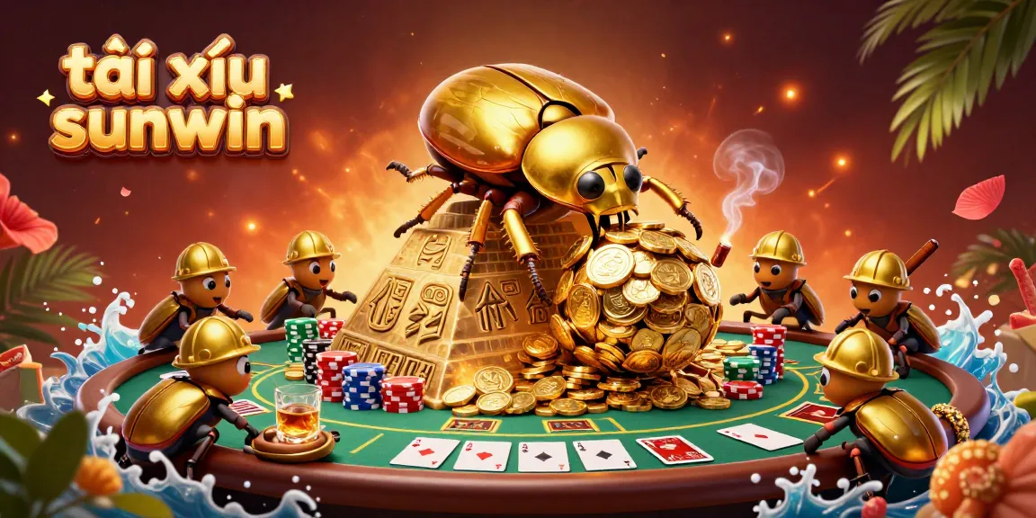 Join the excitement of tài xỉu sunwin, with a massive beetle rolling golden coin balls amidst vibrant casino elements.