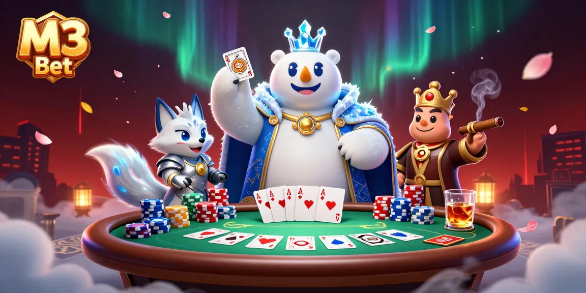Engage in thrilling poker games at M3 Bet, featuring unique characters and vibrant casino elements.