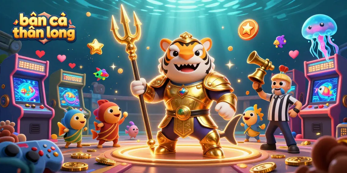 Bắn cá thần long game action scene featuring a fierce tiger shark and vibrant underwater elements