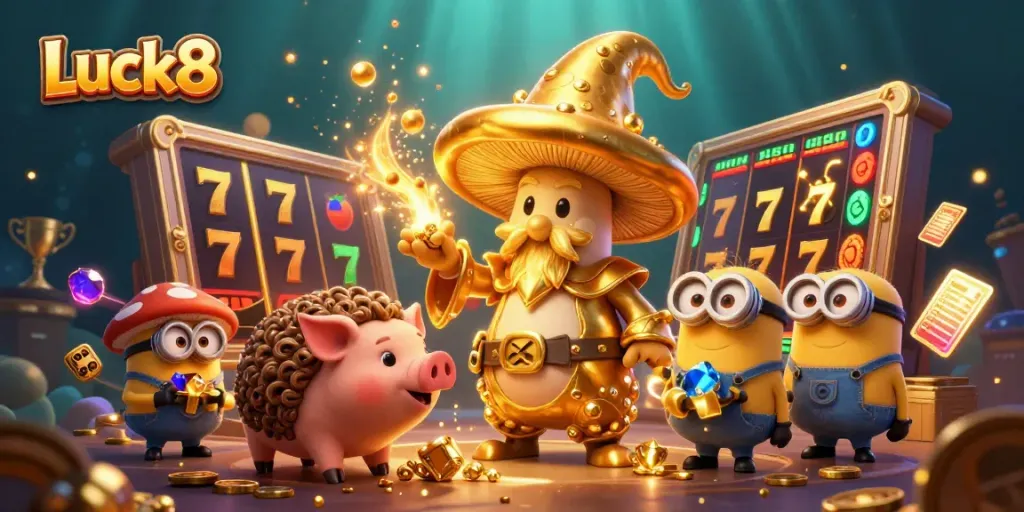 Luck8 features a magical scene with a golden wizard and gem-carrying minions, showcasing thrilling slot elements.