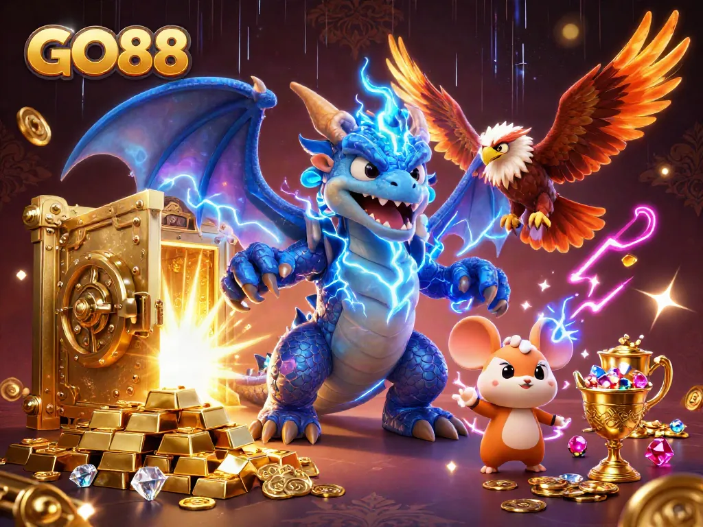 Experience the excitement of GO88 with vibrant characters and casino treasures in dynamic action.