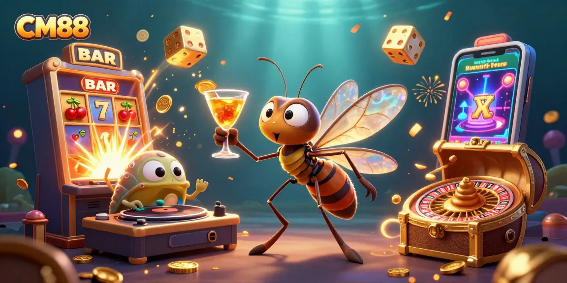 Engage in excitement with CM88 as a casino mascot amidst dynamic gaming elements.