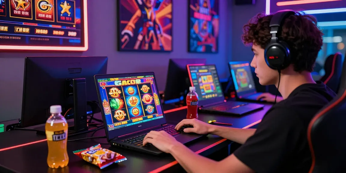 Engaged player enjoying slot gacor on laptop with vibrant graphics, energy drinks, and gaming setup.