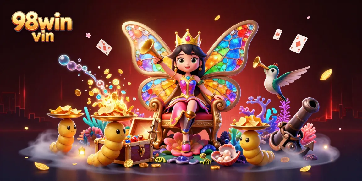 Engage with 98win vin's vibrant casino world featuring gem-colored butterfly queen and exciting gameplay elements.