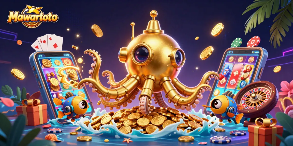 Mawartoto features a colorful slot game erupting with gold coins around a golden kraken submarine, enhancing the online gambling experience.