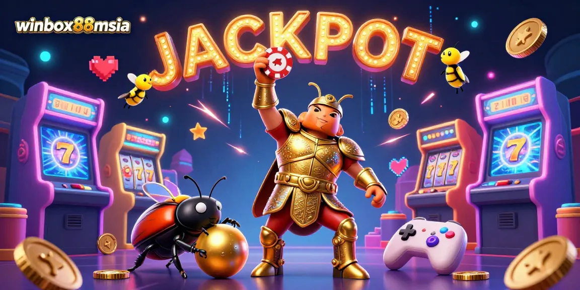 Experience thrilling gameplay at winbox88msia featuring a beetle hero celebrating a big win amidst colorful casino elements.