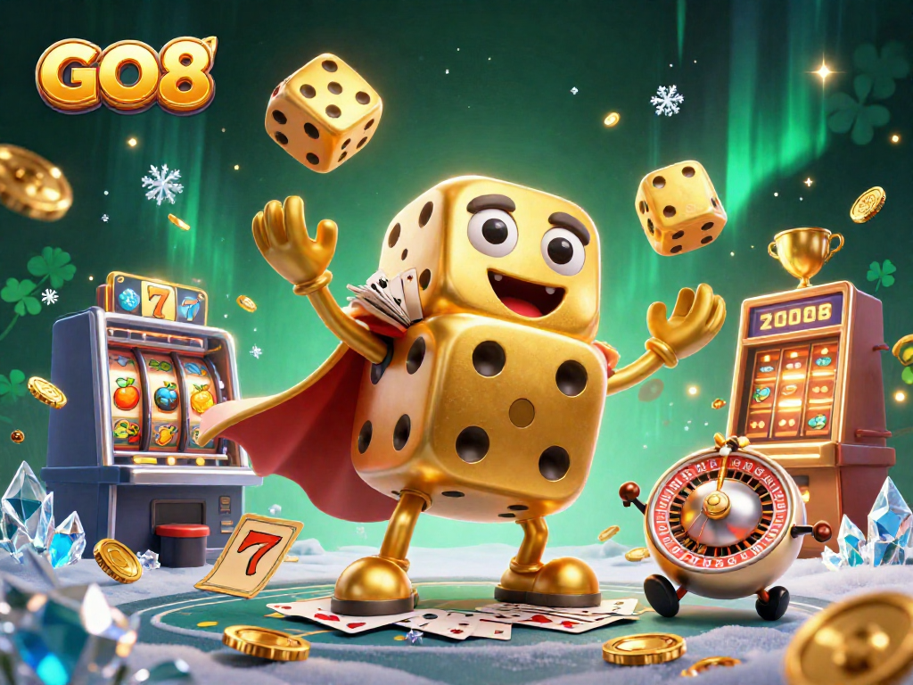 Experience thrilling gaming at GO8 with vivid golden dice and lively casino elements.
