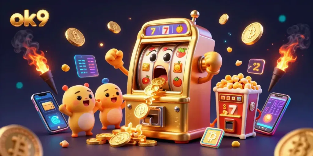 ok9 slot machine hits jackpot, surrounded by cheering baby machines and Bitcoin coins.