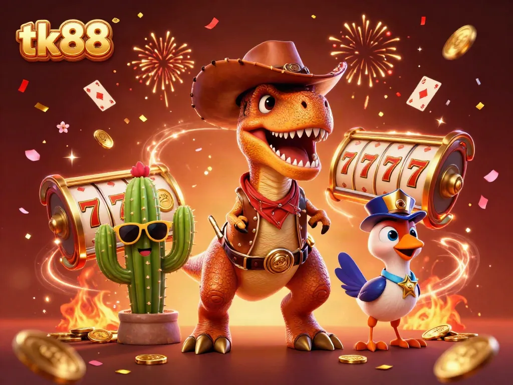 Engaging scene with tk88 characters enjoying casino fun with spinning slot reels and lucky symbols.