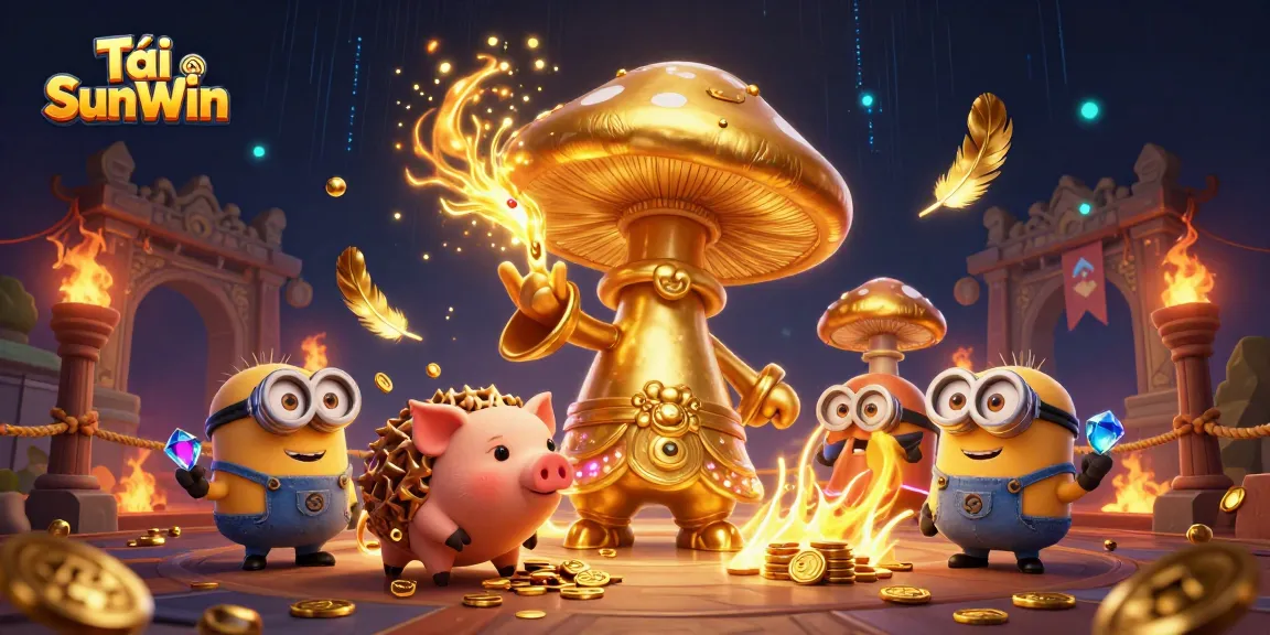 Tải SunWin offers a magical journey with gold-infused fantasy creatures in a vibrant casino setting.