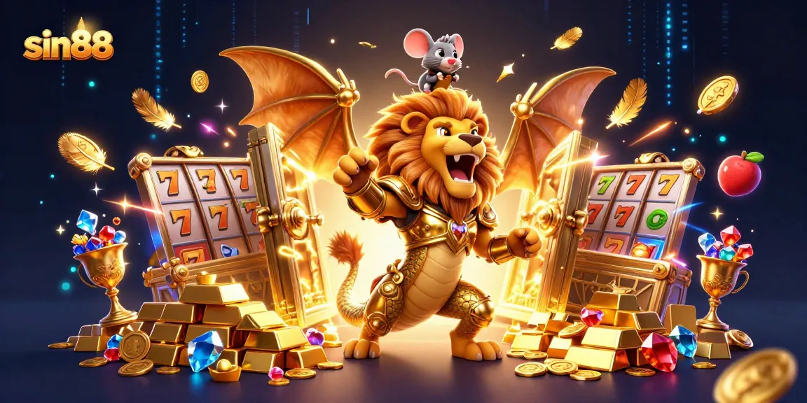 Spin into action with sin88, a vibrant illustration of a chimera creature and treasures in a casino setting.