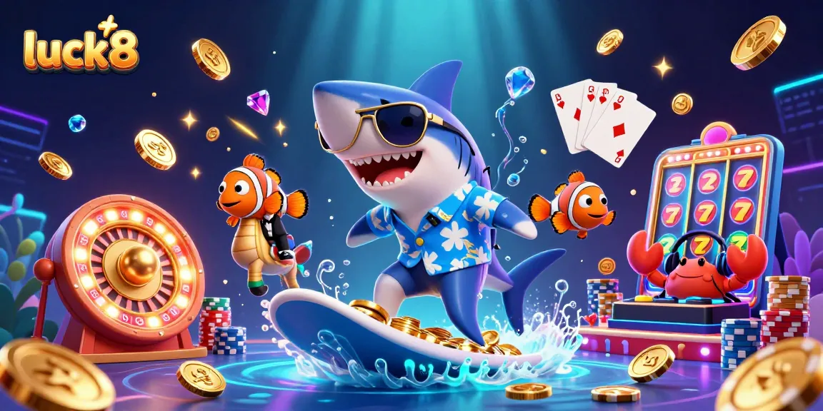 Join the fun with luck8 in this vibrant 3D casino scene featuring a shark surfing through gold!