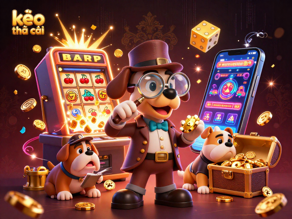 Engage with kèo nhà cái through a lively 3D casino detective scene revealing treasures and exciting gambling elements.