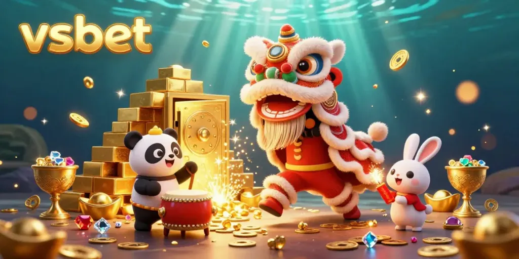 Experience winning excitement with the vibrant vsbet lion dance, showcased amidst a treasure-filled casino atmosphere.