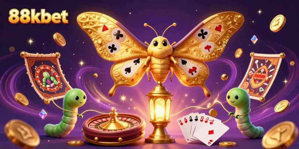 Experience excitement with 88kbet's vibrant 3D casino scene featuring dynamic games and golden treasures.