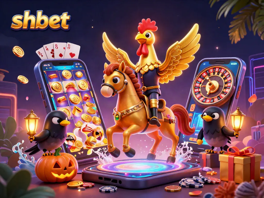 Experience shbet's vibrant gameplay with a golden rooster and spectral horse in a thrilling casino setting.