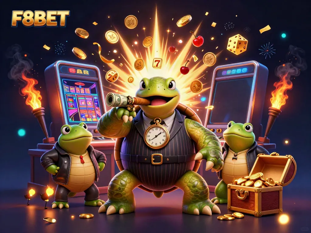 Experience the excitement of F8BET with dynamic casino characters and vibrant gaming elements.
